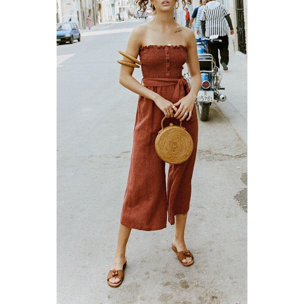 Faithfull the Brand Rust Strapless Linen Jumpsuit